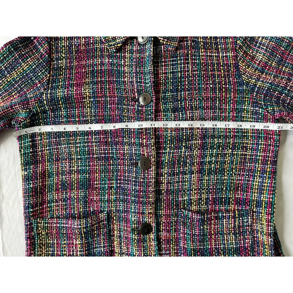 Vintage Chico's Design 100% Silk Boho Granny Chic Woven Tweed Rainbow Jacket